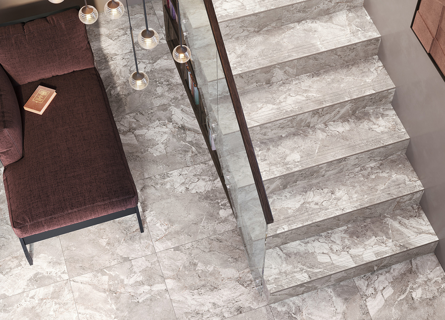 Керамогранит Лендстоун / Landstone 600x600 на полу и ступень 300х1200 на лестнице