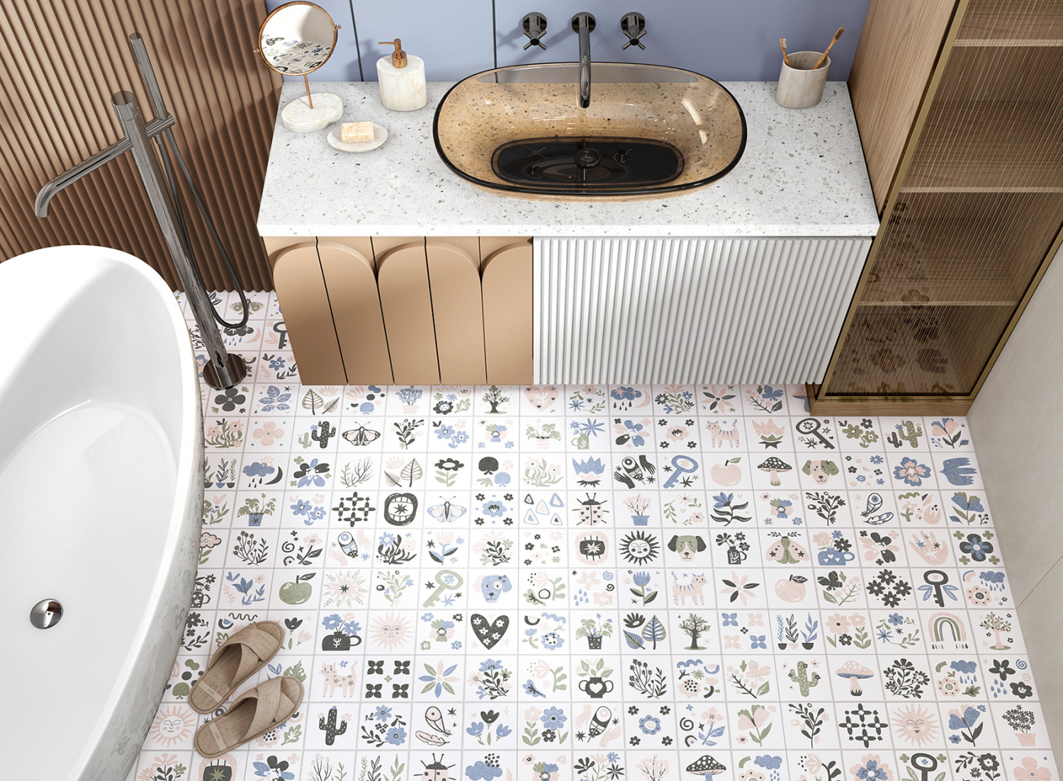 Керамогранит Талисман Alma Ceramica 600x600 на полу в ванной