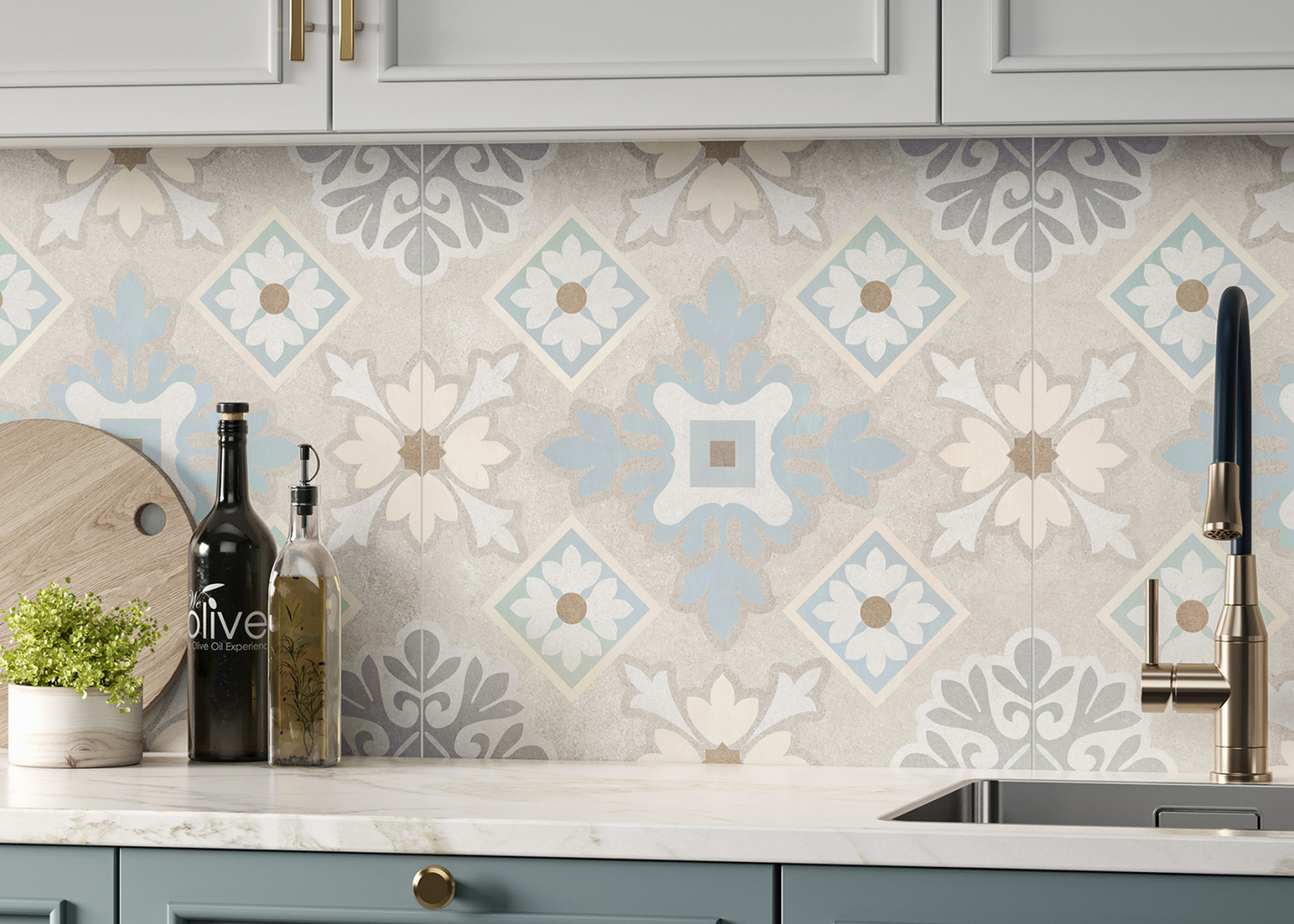 Керамогранит Флорал Alma Ceramica на фартуке в кухне