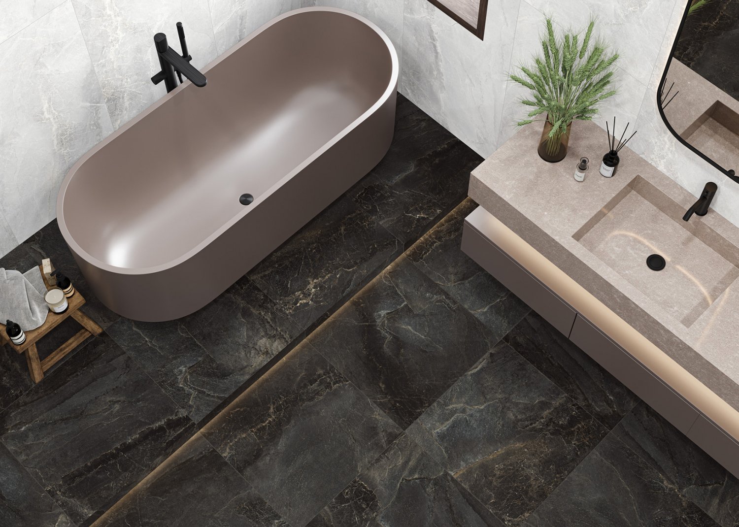 Infinity dark delacora керамогранит 600x600 на полу